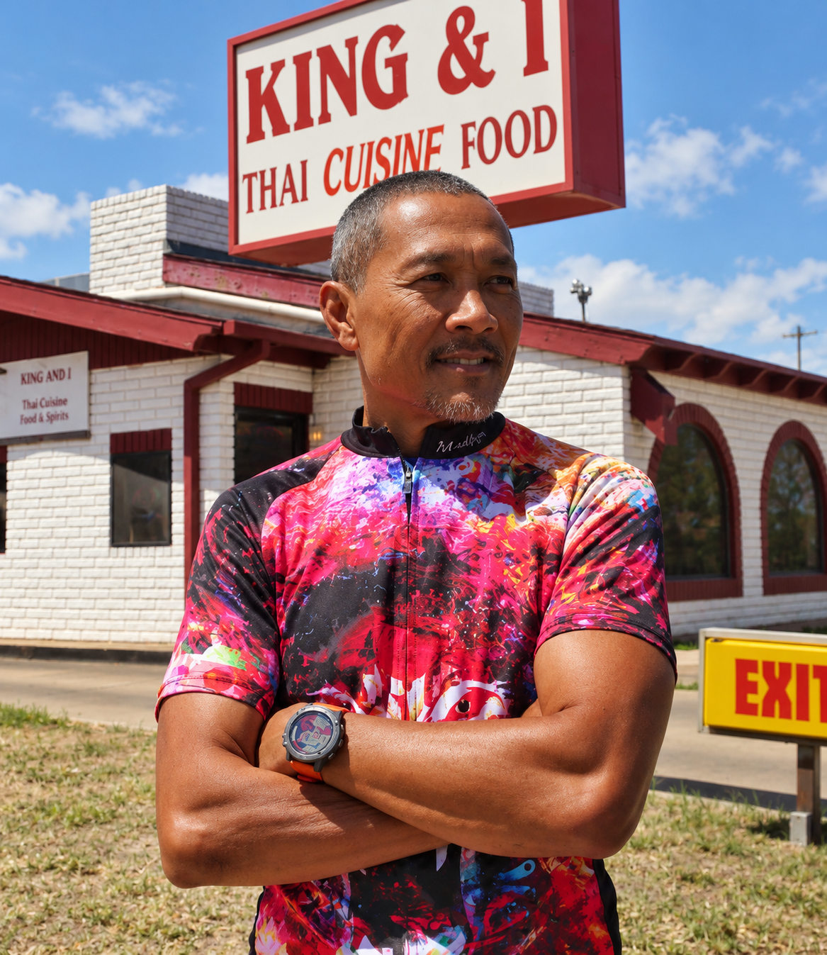 Popcorn standing in front of the King and I Thai Cuisine sign